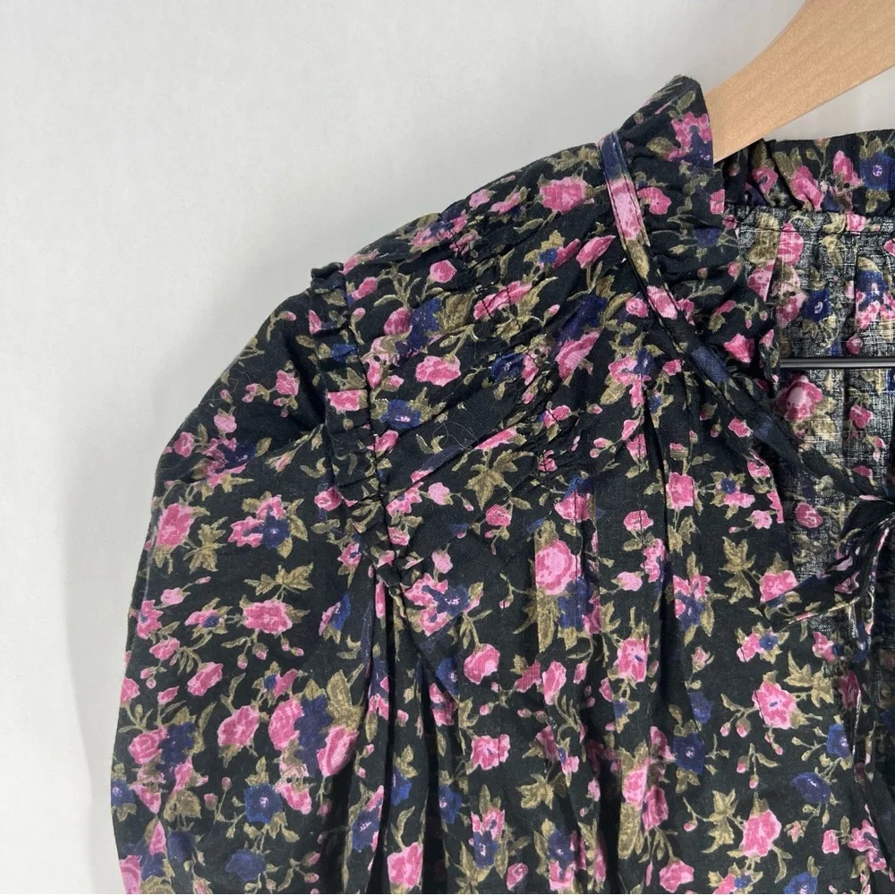 Free People Meant To Be Black Floral Print‎ Full Mutton Sleeve Peasant Blouse M